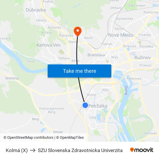 Kolmá (X) to SZU Slovenska Zdravotnicka Univerzita map