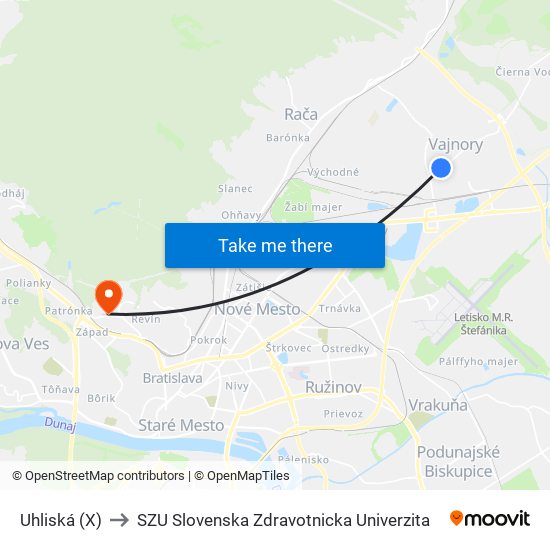 Uhliská (X) to SZU Slovenska Zdravotnicka Univerzita map