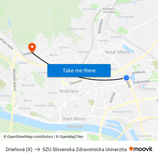 Drieňová (X) to SZU Slovenska Zdravotnicka Univerzita map