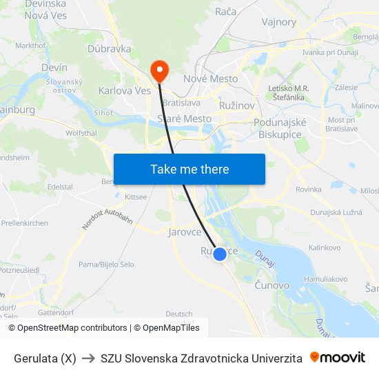 Gerulata (X) to SZU Slovenska Zdravotnicka Univerzita map