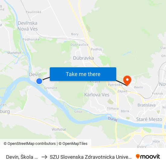 Devín, Škola (X) to SZU Slovenska Zdravotnicka Univerzita map