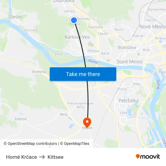 Horné Krčace to Kittsee map