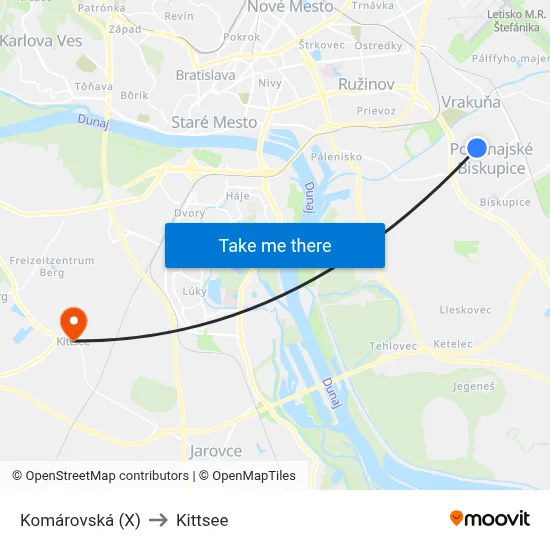 Komárovská (X) to Kittsee map