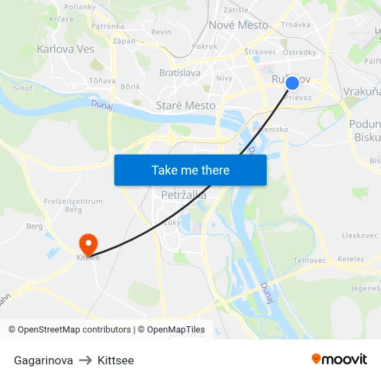 Gagarinova to Kittsee map