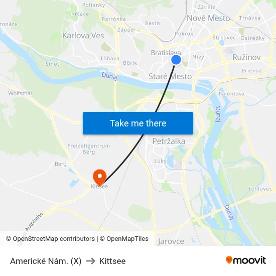 Americké Nám. (X) to Kittsee map