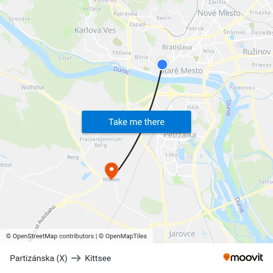 Partizánska (X) to Kittsee map