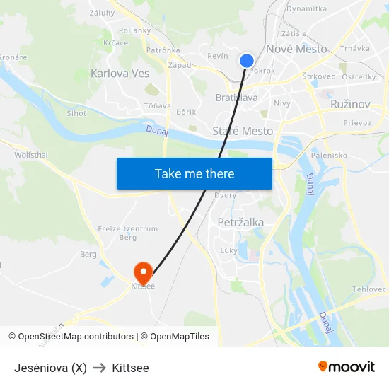 Jeséniova (X) to Kittsee map