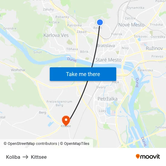 Koliba to Kittsee map