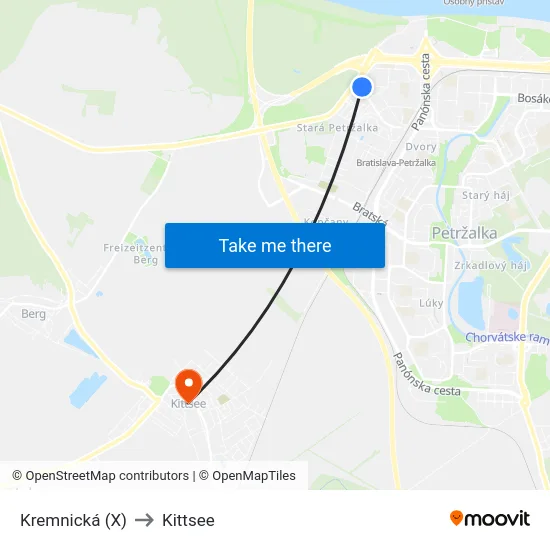 Kremnická (X) to Kittsee map