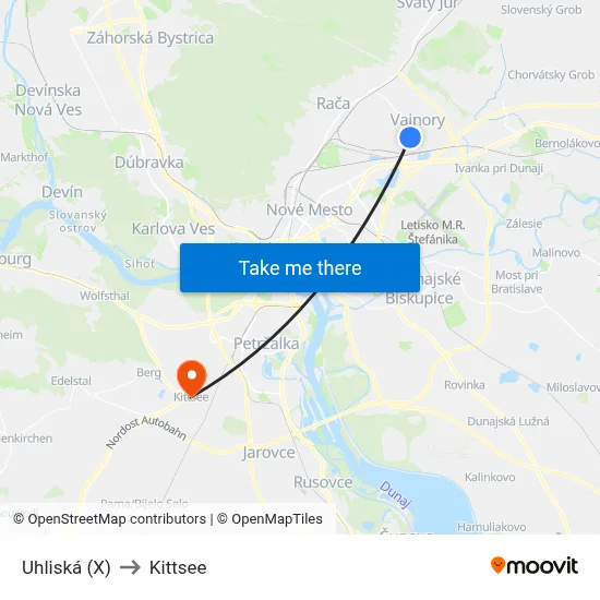 Uhliská (X) to Kittsee map