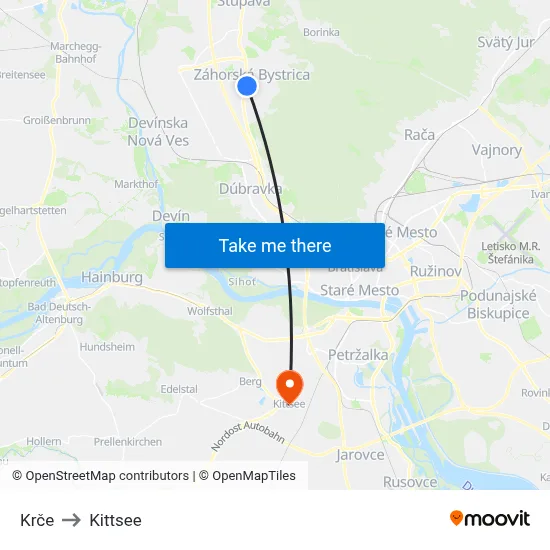 Krče to Kittsee map