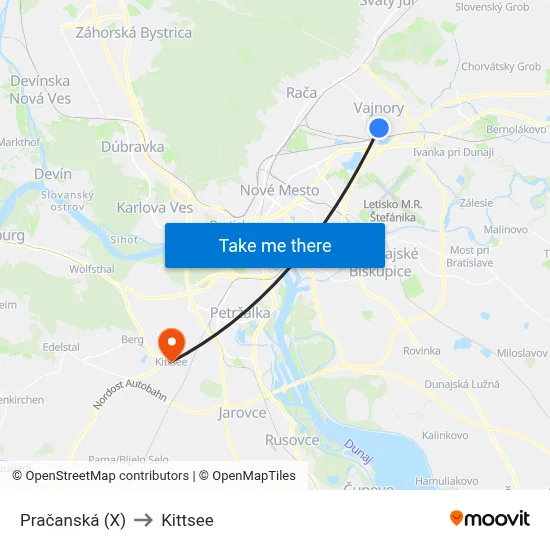 Pračanská (X) to Kittsee map