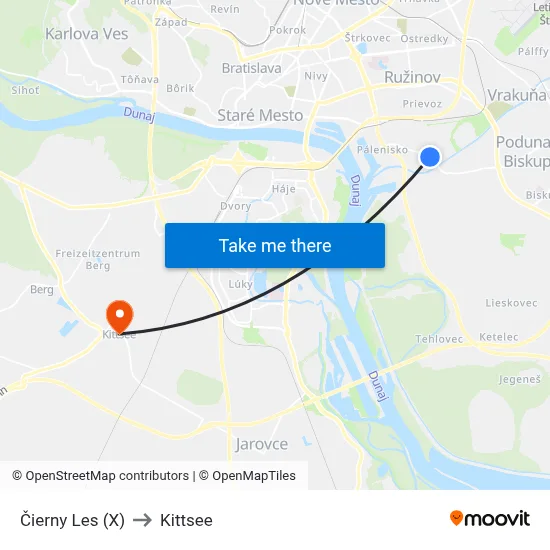 Čierny Les (X) to Kittsee map