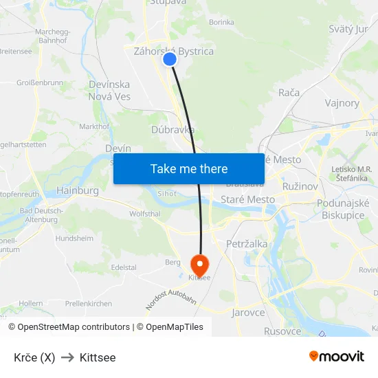 Krče (X) to Kittsee map