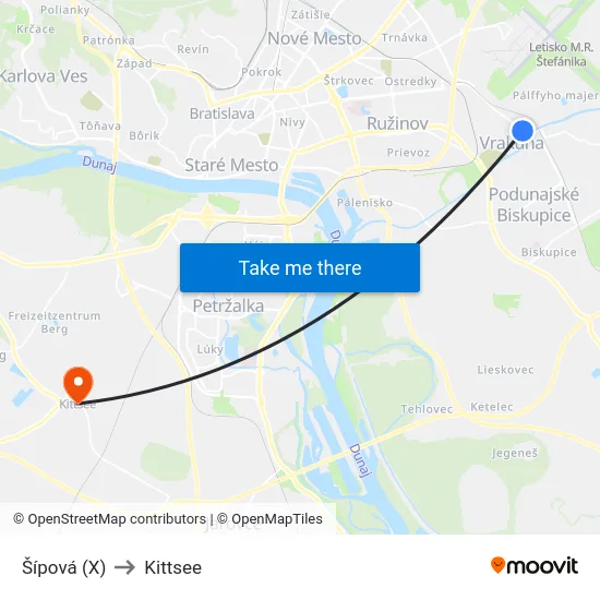 Šípová (X) to Kittsee map