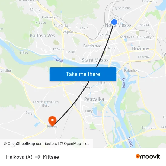 Hálkova (X) to Kittsee map