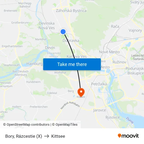 Bory, Rázcestie (X) to Kittsee map