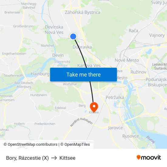 Bory, Rázcestie (X) to Kittsee map