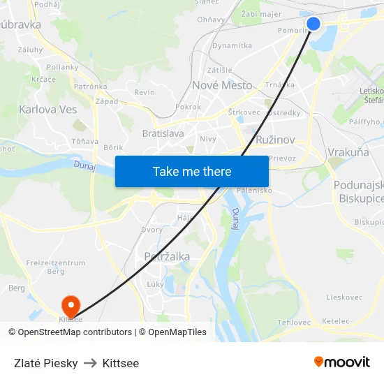 Zlaté Piesky to Kittsee map