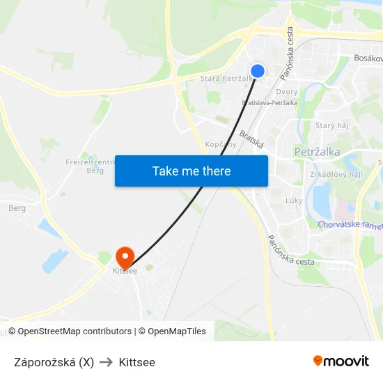 Záporožská (X) to Kittsee map