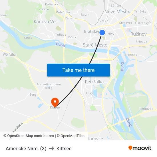 Americké Nám. (X) to Kittsee map