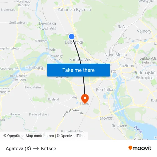 Agátová (X) to Kittsee map