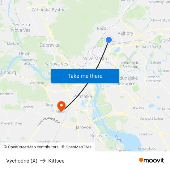 Východné (X) to Kittsee map