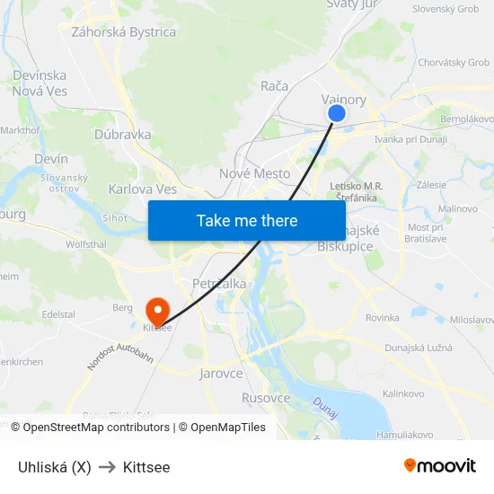 Uhliská (X) to Kittsee map