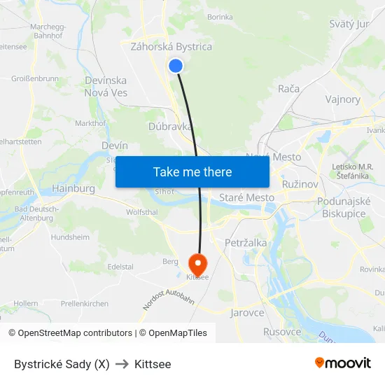 Bystrické Sady (X) to Kittsee map