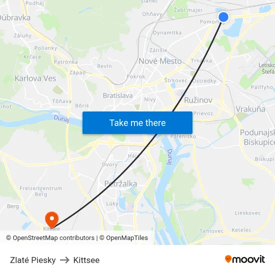 Zlaté Piesky to Kittsee map