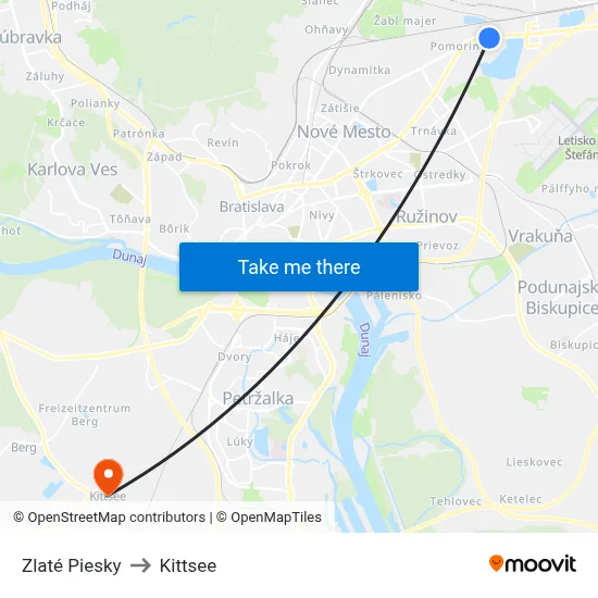 Zlaté Piesky to Kittsee map