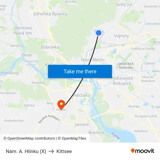 Nám. A. Hlinku (X) to Kittsee map