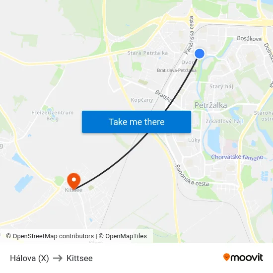 Hálova (X) to Kittsee map