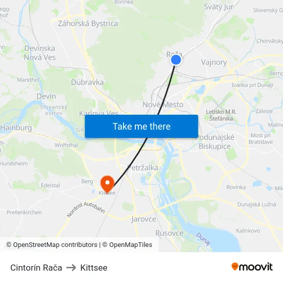 Cintorín Rača to Kittsee map