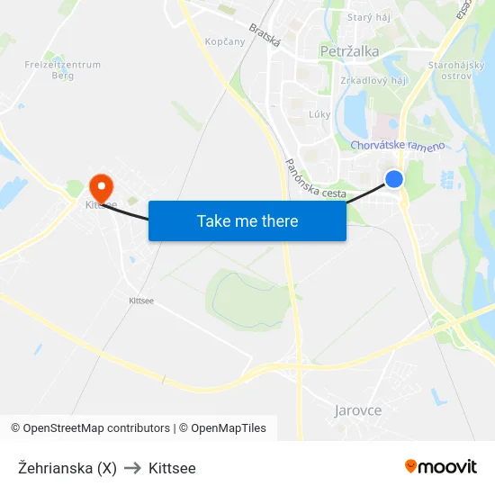 Žehrianska (X) to Kittsee map