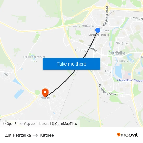 Žst Petržalka to Kittsee map