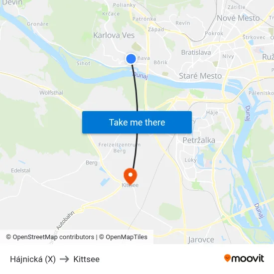 Hájnická (X) to Kittsee map