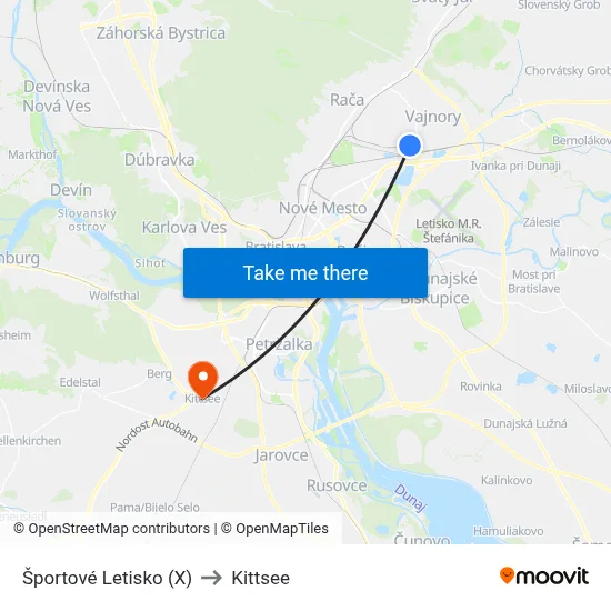 Športové Letisko (X) to Kittsee map