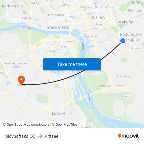 Slovnaftská (X) to Kittsee map