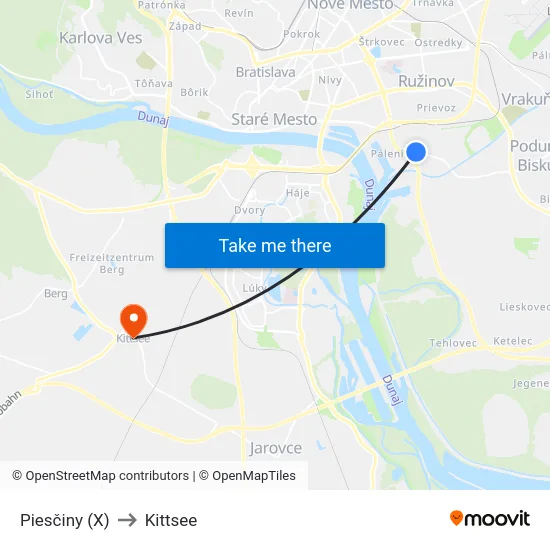 Piesčiny (X) to Kittsee map