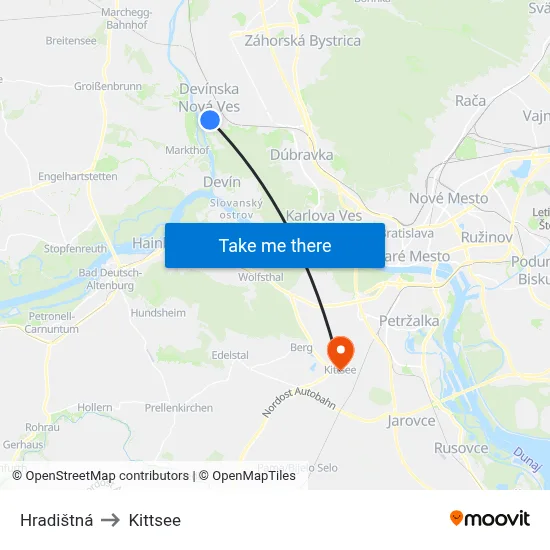 Hradištná to Kittsee map