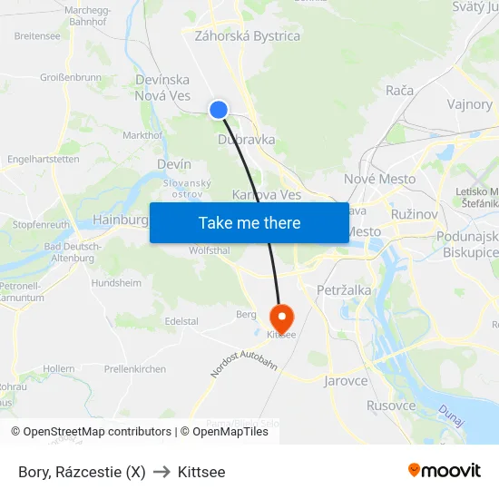 Bory, Rázcestie (X) to Kittsee map