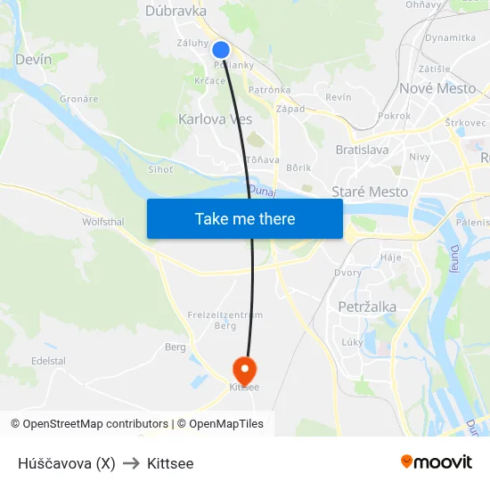 Húščavova (X) to Kittsee map