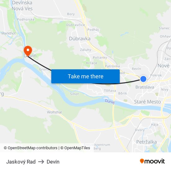 Jaskový Rad to Devín map