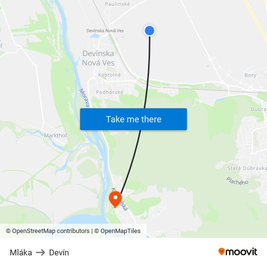 Mláka to Devín map
