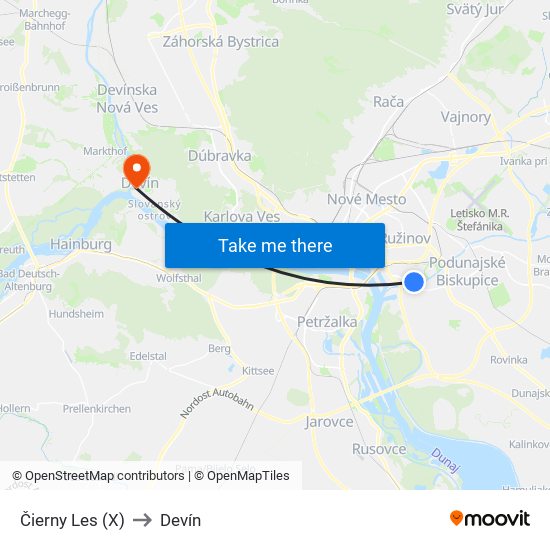 Čierny Les (X) to Devín map