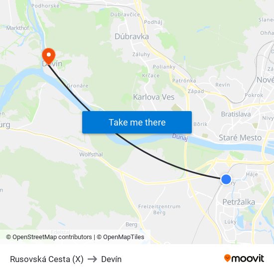 Rusovská Cesta (X) to Devín map