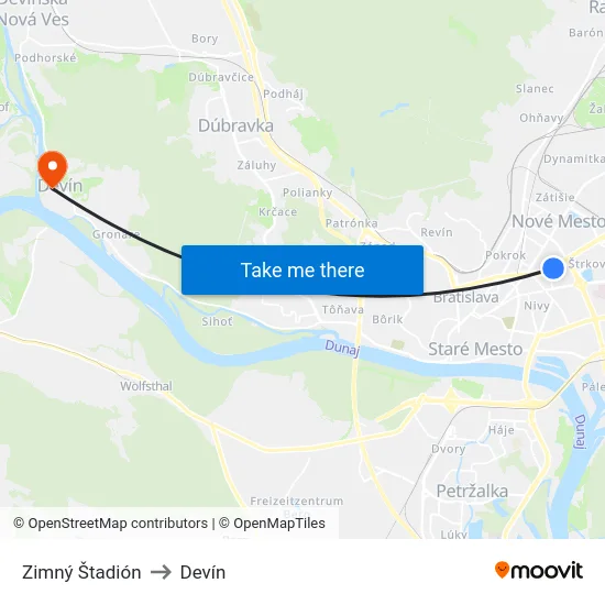 Zimný Štadión to Devín map