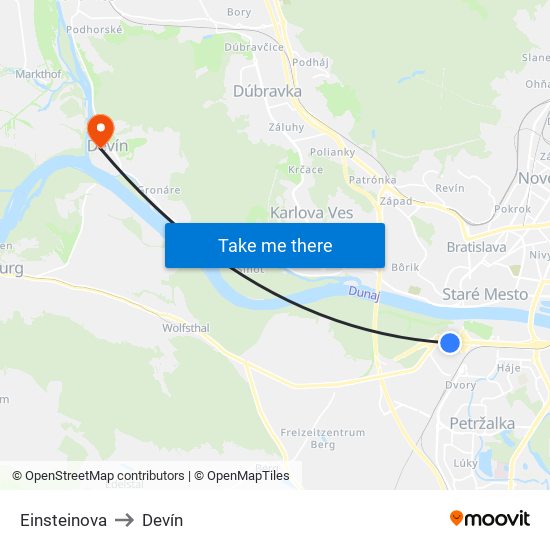 Einsteinova to Devín map