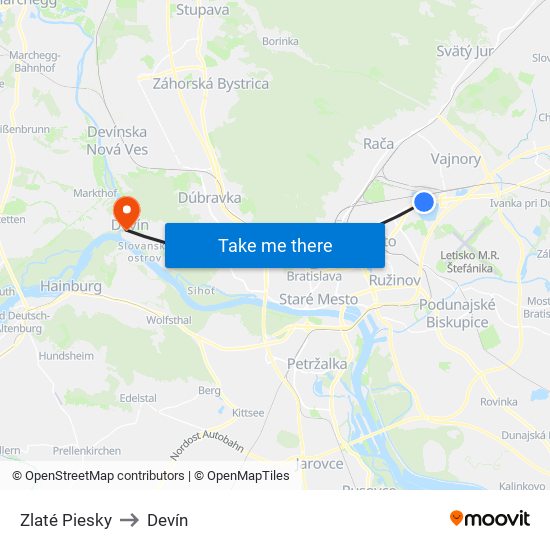 Zlaté Piesky to Devín map